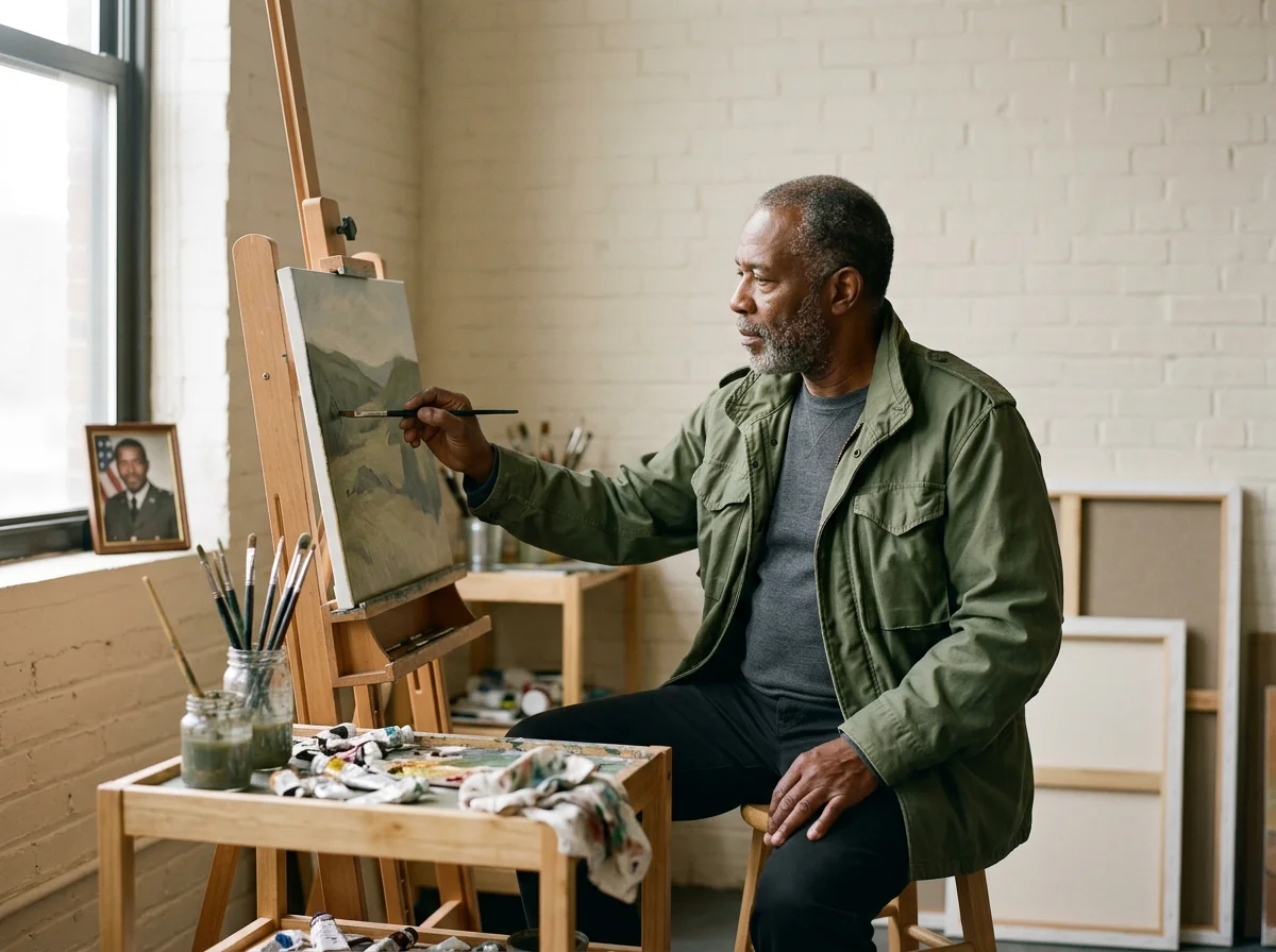 An older man with gray hair and beard painting a landscape on a canvas at an art studio. He is sitting on a stool, using a brush to add details to his painting. The studio has a window, a framed photograph, and art supplies on a table.