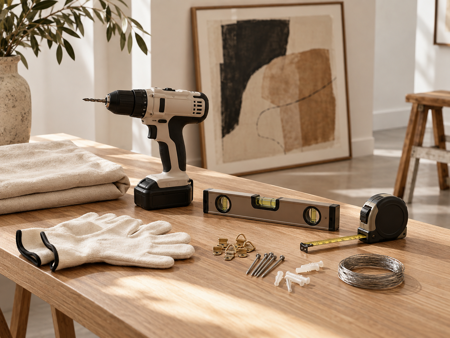 A wooden table with a cordless drill, level, tape measure, gloves, and various hardware and tools, with abstract artwork and a plant in the background.