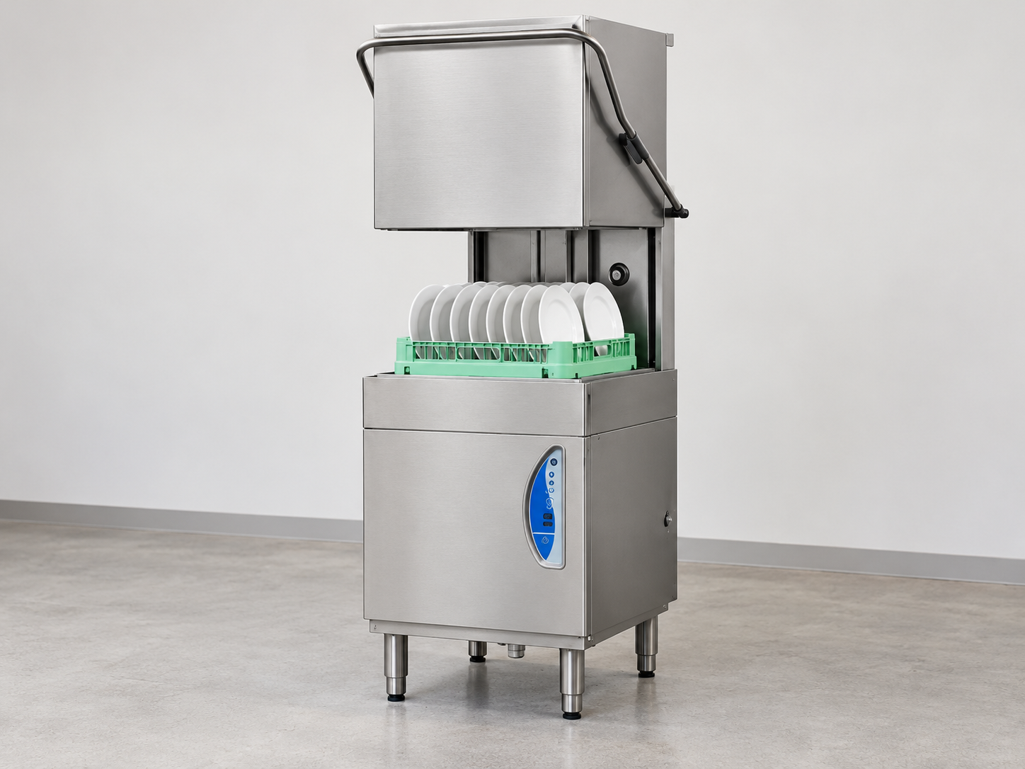 Illustration of a Lamber L18 pass-through dishwasher with an open hood, green plate rack and blue control panel against a light showroom background.”