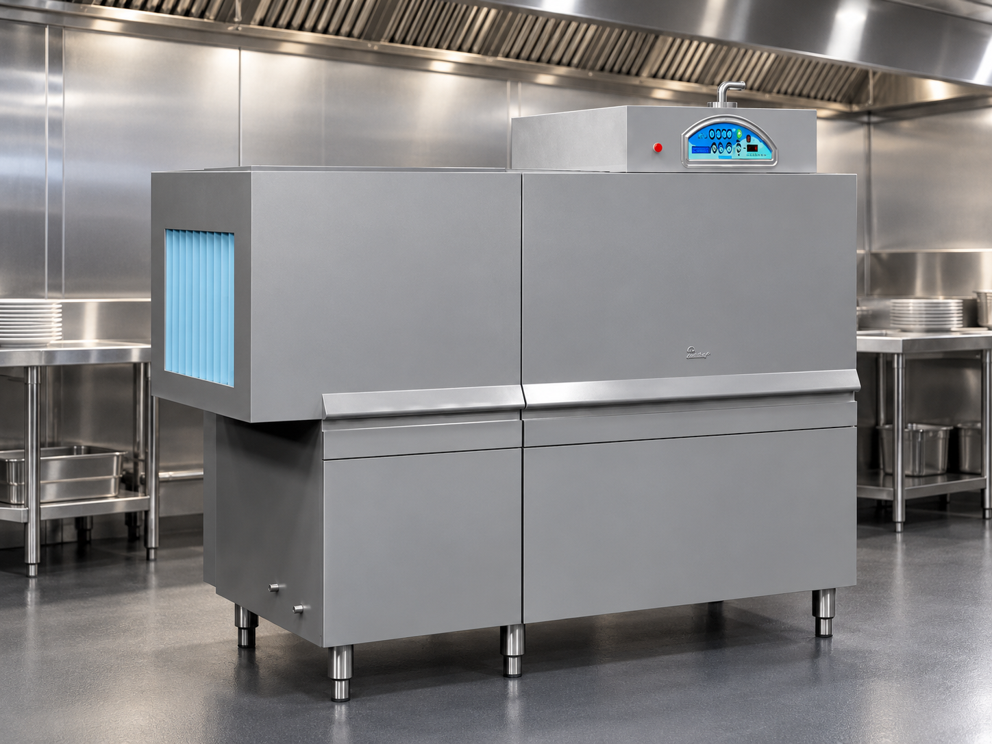 Commercial conveyor dishwasher in catering kitchen