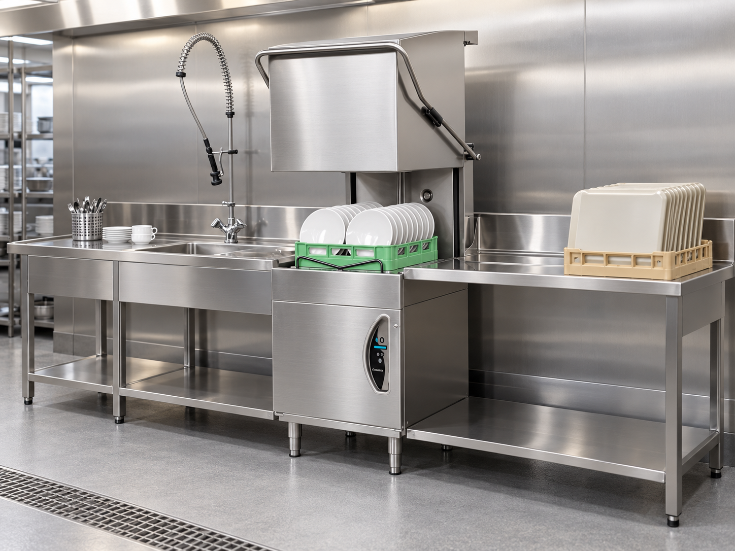 Illustration of a Lamber LSS415 dishwasher with a rack of plates, stainless-steel benches and a pre-rinse spray in a restaurant wash area.