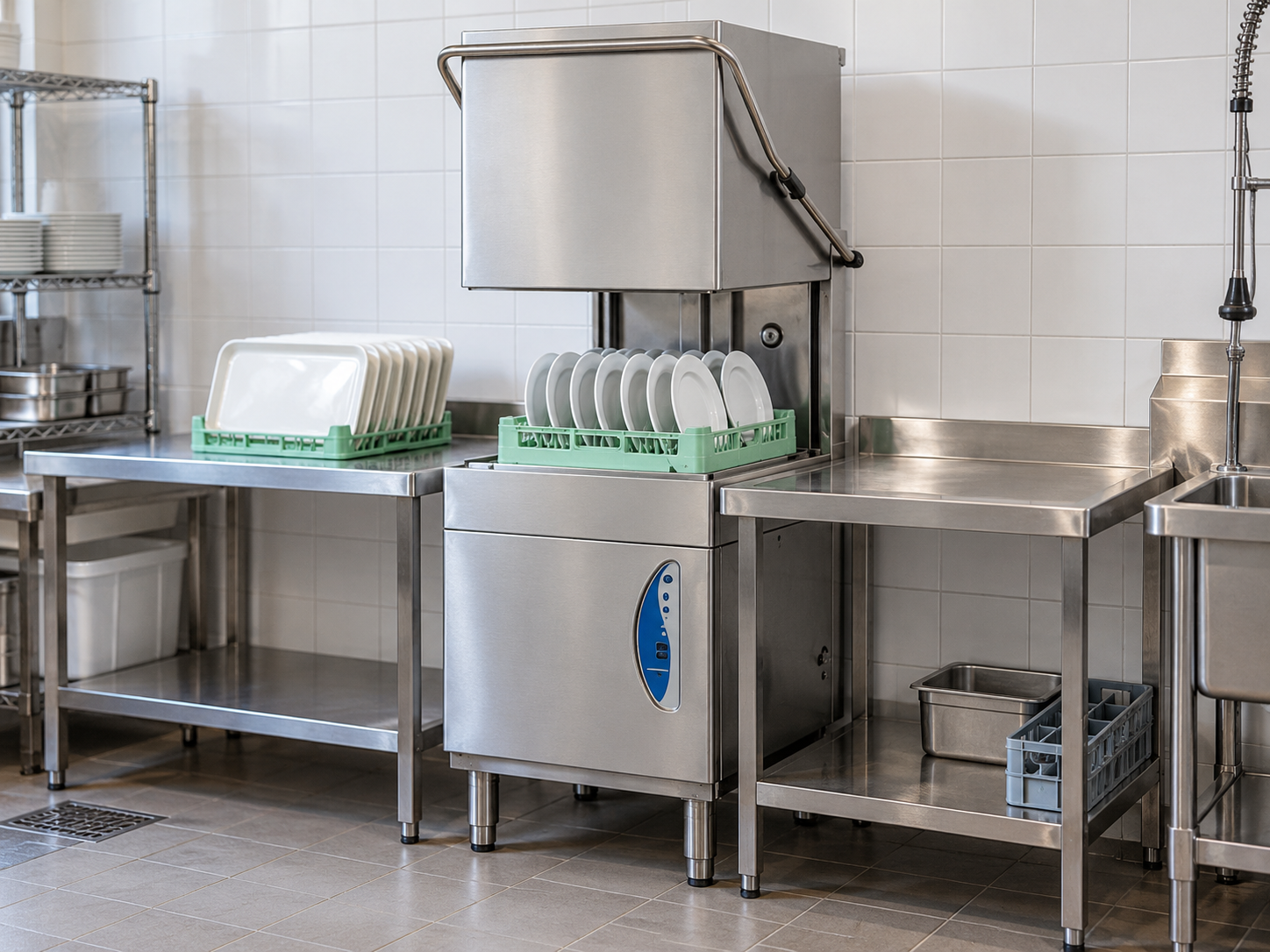 Illustration of a Lamber L18 dishwasher beside a pre-rinse sink and dish racks in a commercial restaurant kitchen.”