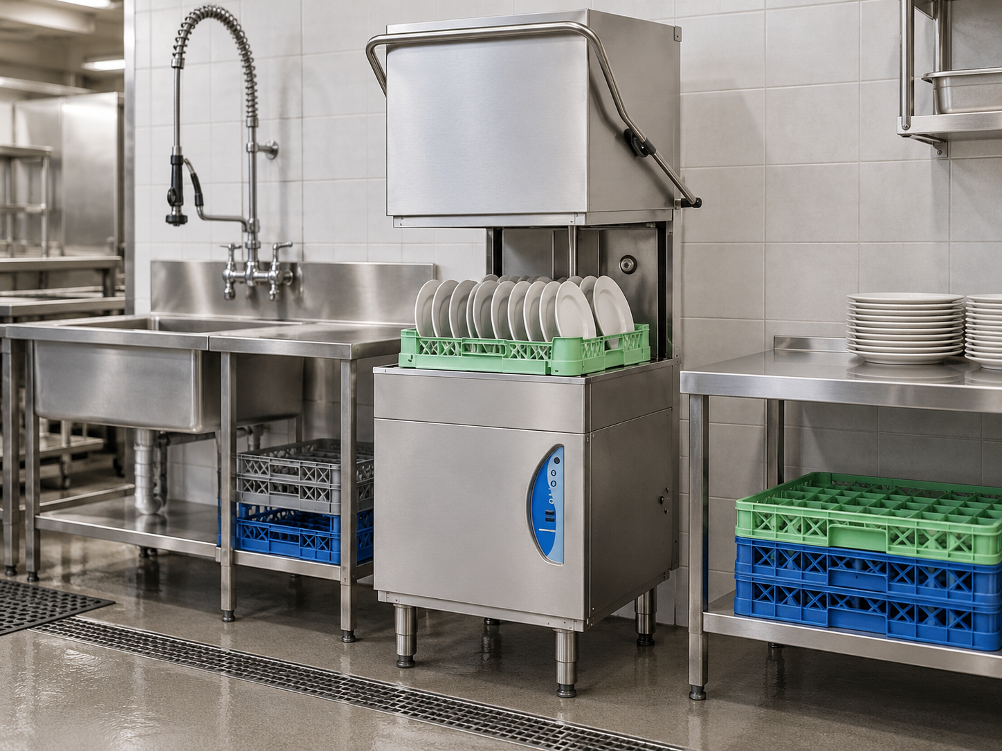 Illustration of a Lamber L18 pass-through dishwasher with its hood raised, a rack of plates and stainless-steel benches in a café kitchen.