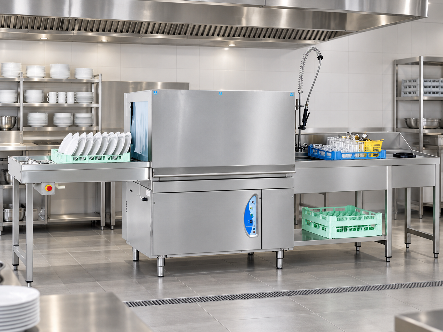 Illustration of a Lamber M115 conveyor dishwasher with connected loading benches and rack storage in a catering kitchen.