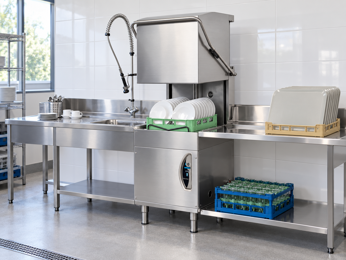 Illustration of a Lamber LSS415 pass-through dishwasher with its hood raised, between a pre-rinse sink and stainless-steel outlet bench.