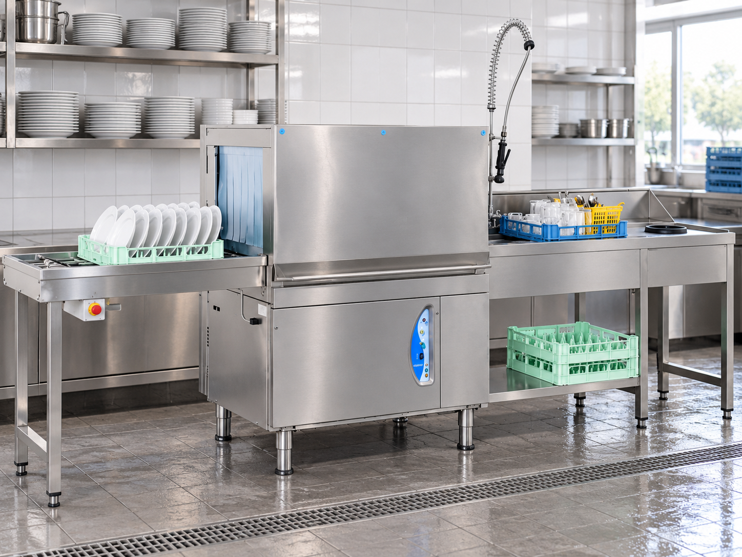 llustration of a Lamber M115 conveyor dishwasher with a plate rack, stainless-steel benches and pre-rinse sink in a restaurant kitchen.