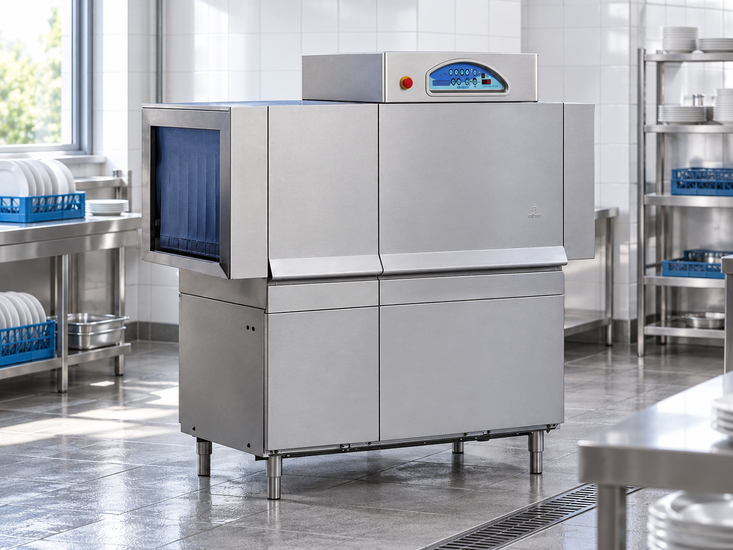 Commercial conveyor dishwasher in hotel kitchen
