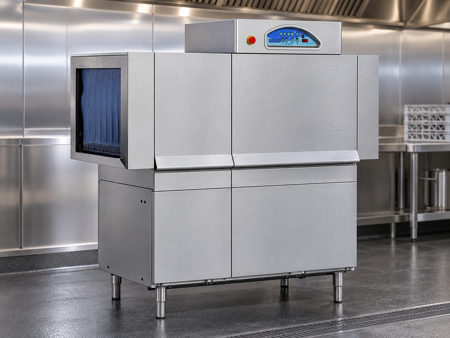 commercial conveyor dishwasher in hospitalit kitchen