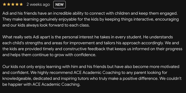 Google review for ACE Academics