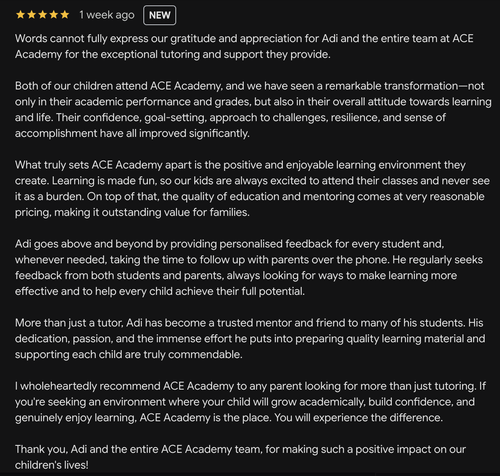 Google review for ACE Academics
