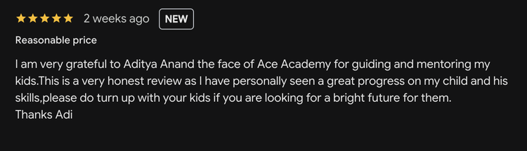 Google review for ACE Academics