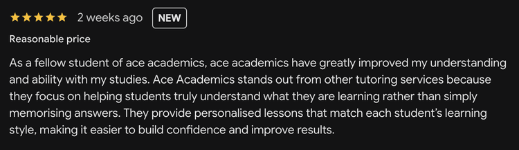 Google review for ACE Academics