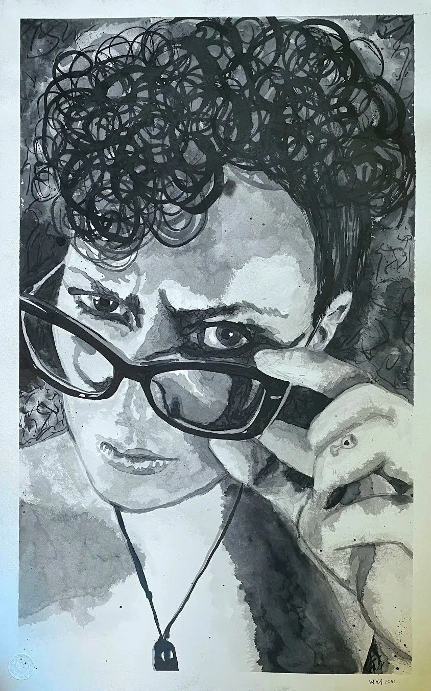 A black and white watercolor portrait of a person with curly hair, holding glasses away from their face and looking directly at the camera.