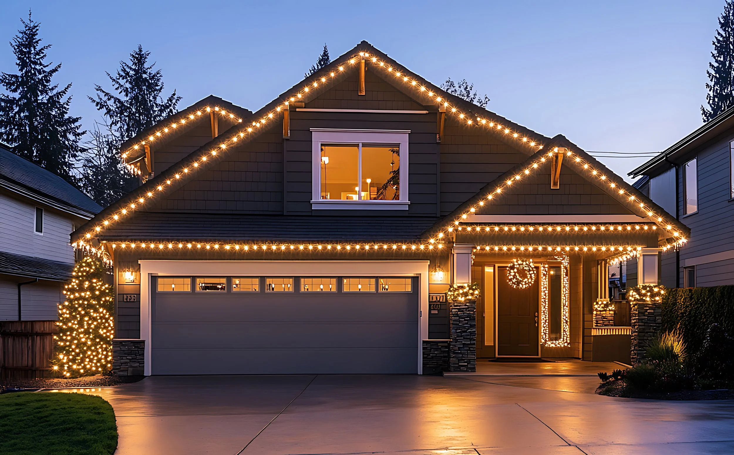 A house decorated with Christmas lights, including string lights outlining the roof and a wreath on the front door, during dusk. The house has a two-car garage and is surrounded by a driveway, lawn, and neighboring houses.