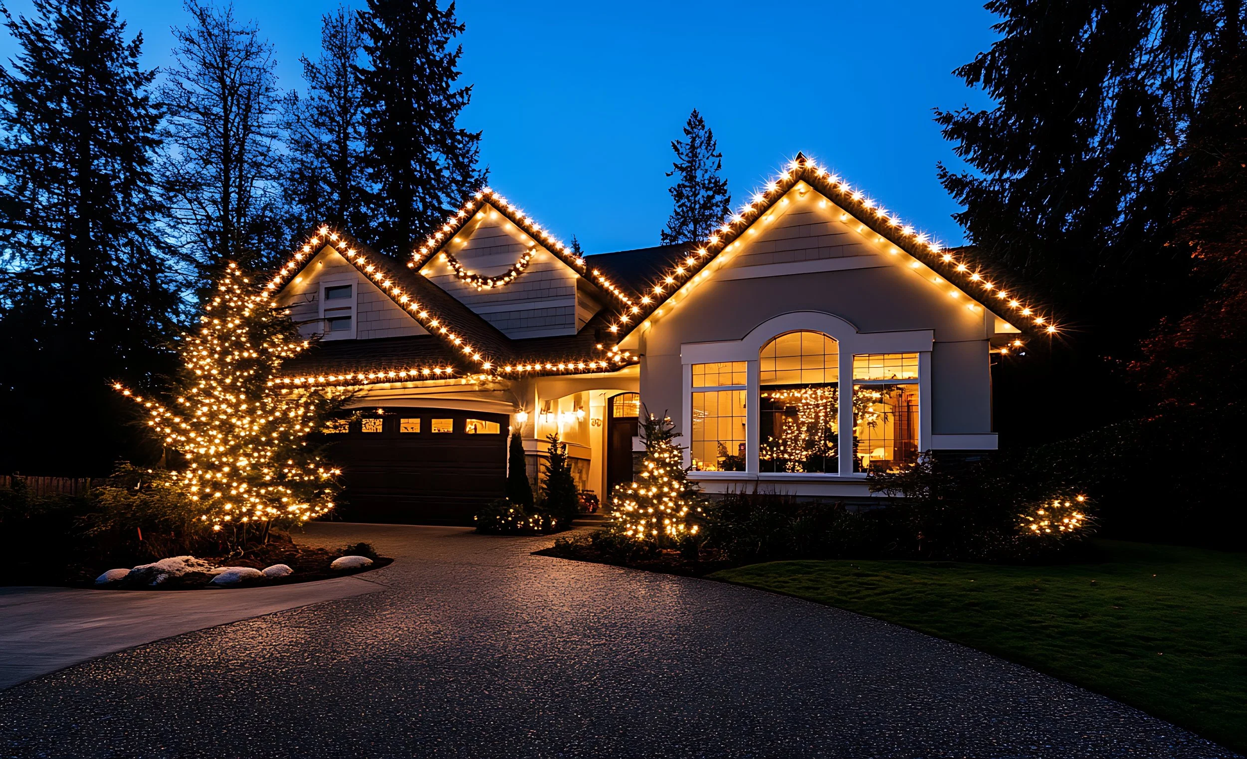 A house decorated with Christmas lights, illuminated at dusk, with a driveway, trees, and garden.