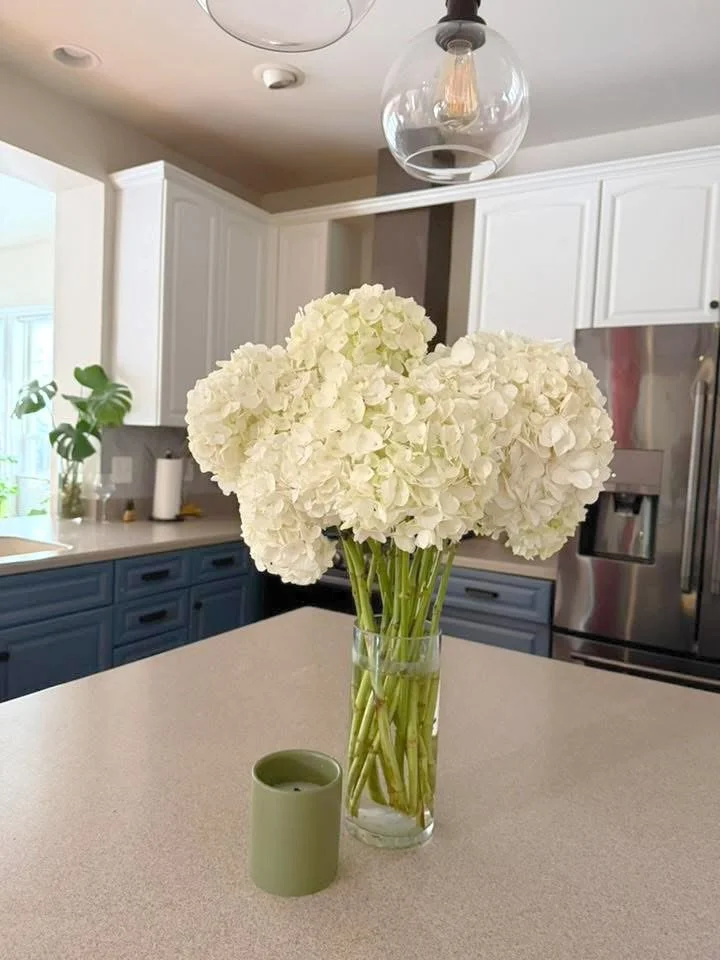 A clear glass vase filled with white hydrangea flowers placed on a kitchen countertop.