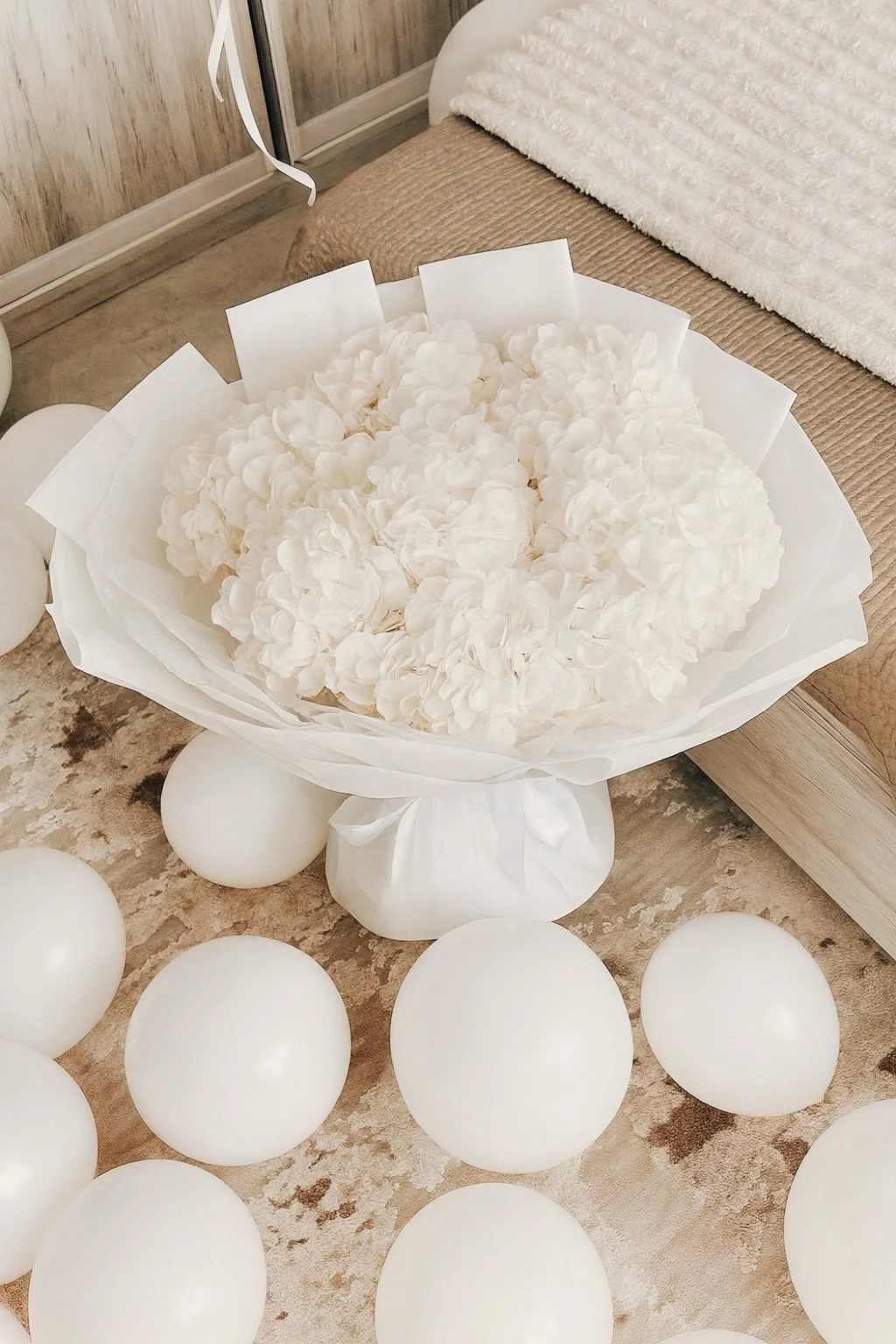 A large bouquet of white hydrangeas wrapped in white paper, surrounded by white balloons, placed on a beige carpet near a bed with a textured white blanket.
