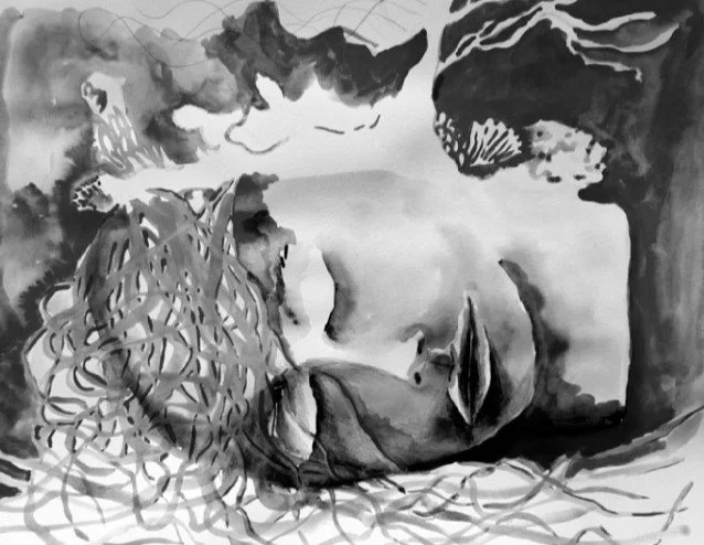 A black and white watercolor painting of a woman lying down with her eyes closed, surrounded by abstract natural elements like a tree and flowing lines.