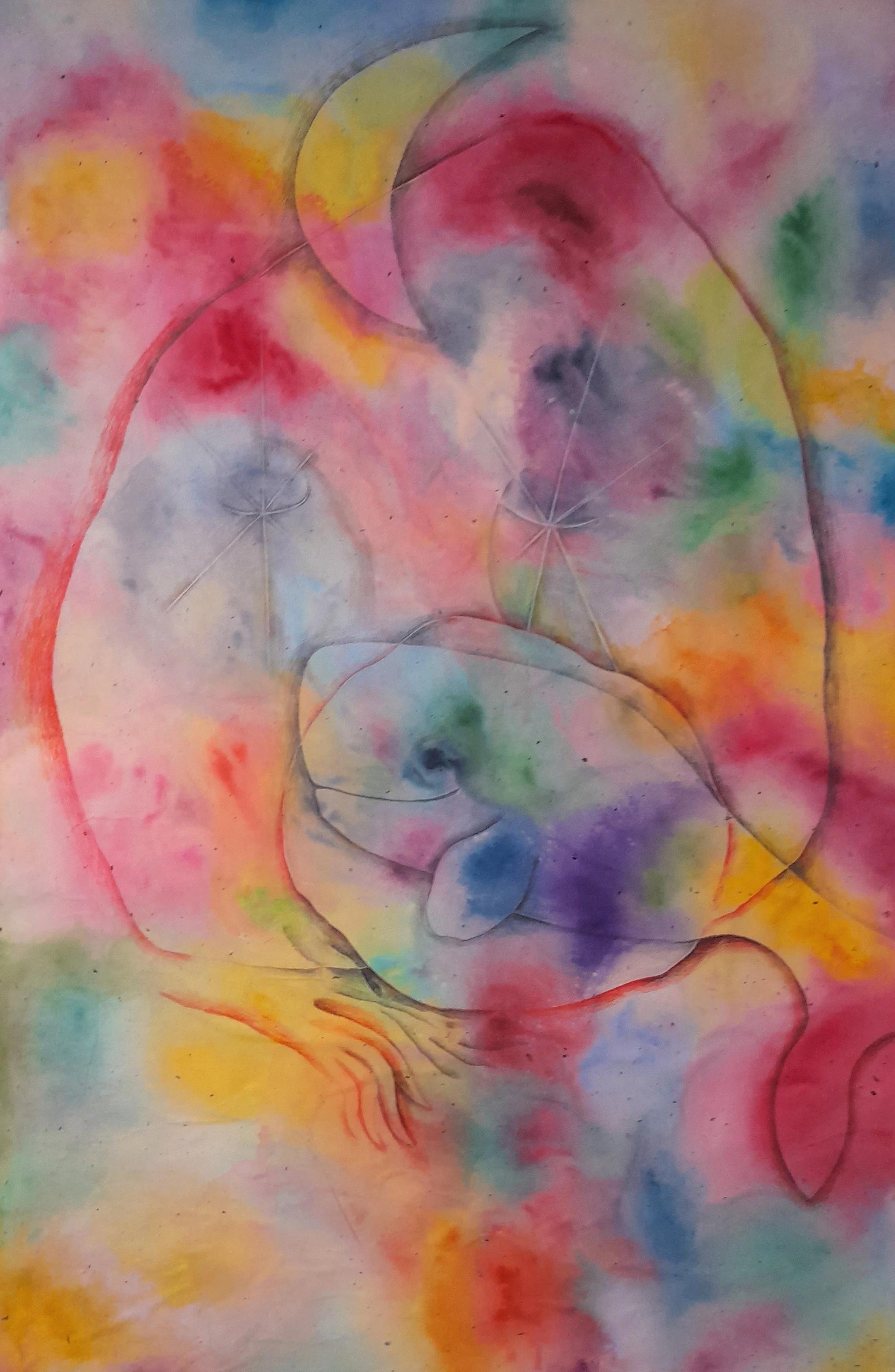 Colorful abstract watercolor painting featuring dandelion seed heads, partially outlined in black, with a background of vibrant pink, yellow, green, blue, purple, and orange hues.
