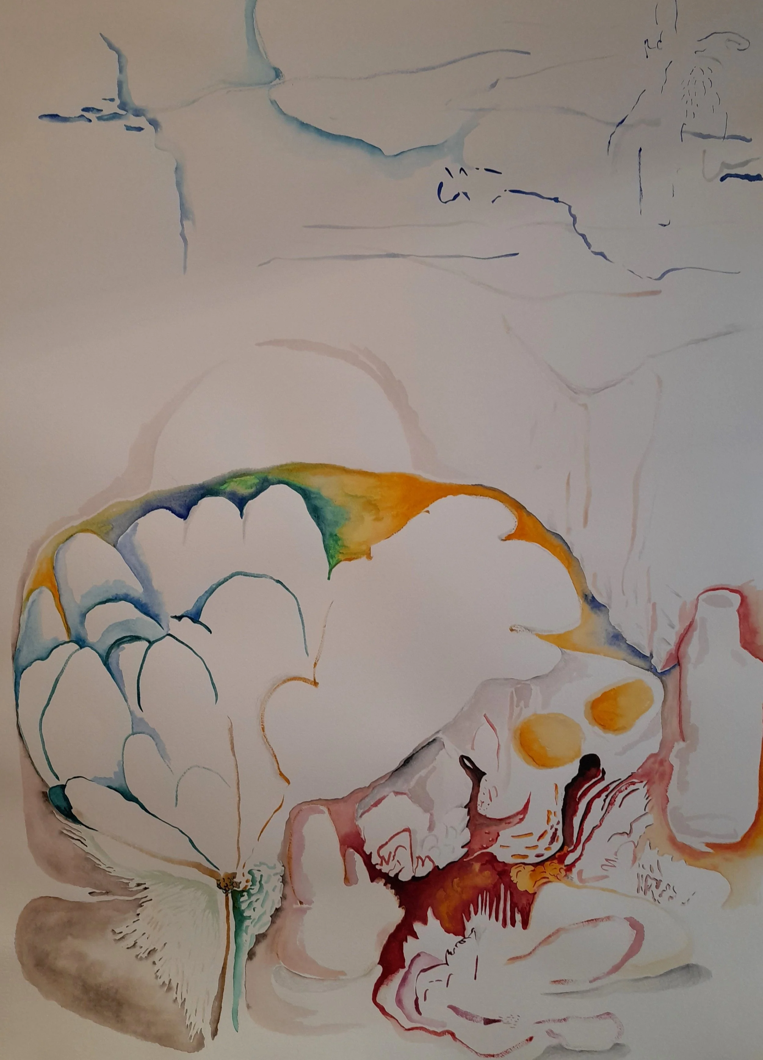 Abstract watercolor painting with various shapes and colors including blue, green, orange, yellow, and red, featuring some organic, flowing forms.