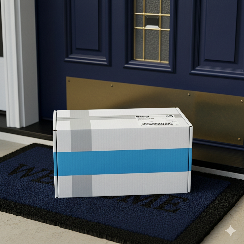 A white cardboard box with a blue stripe, placed on a black and blue doormat with the words 'WELCOME' near a blue door with gold accents, at a home's front entrance.