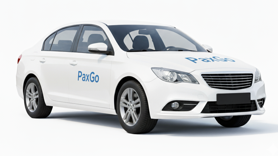 White sedan with PaxGo logo on the side and hood, isolated on white background.