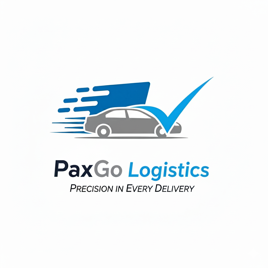 Logo of PaxGo Logistics featuring a moving car with speed lines and a large checkmark, with the company name and tagline 'Precision in Every Delivery'.