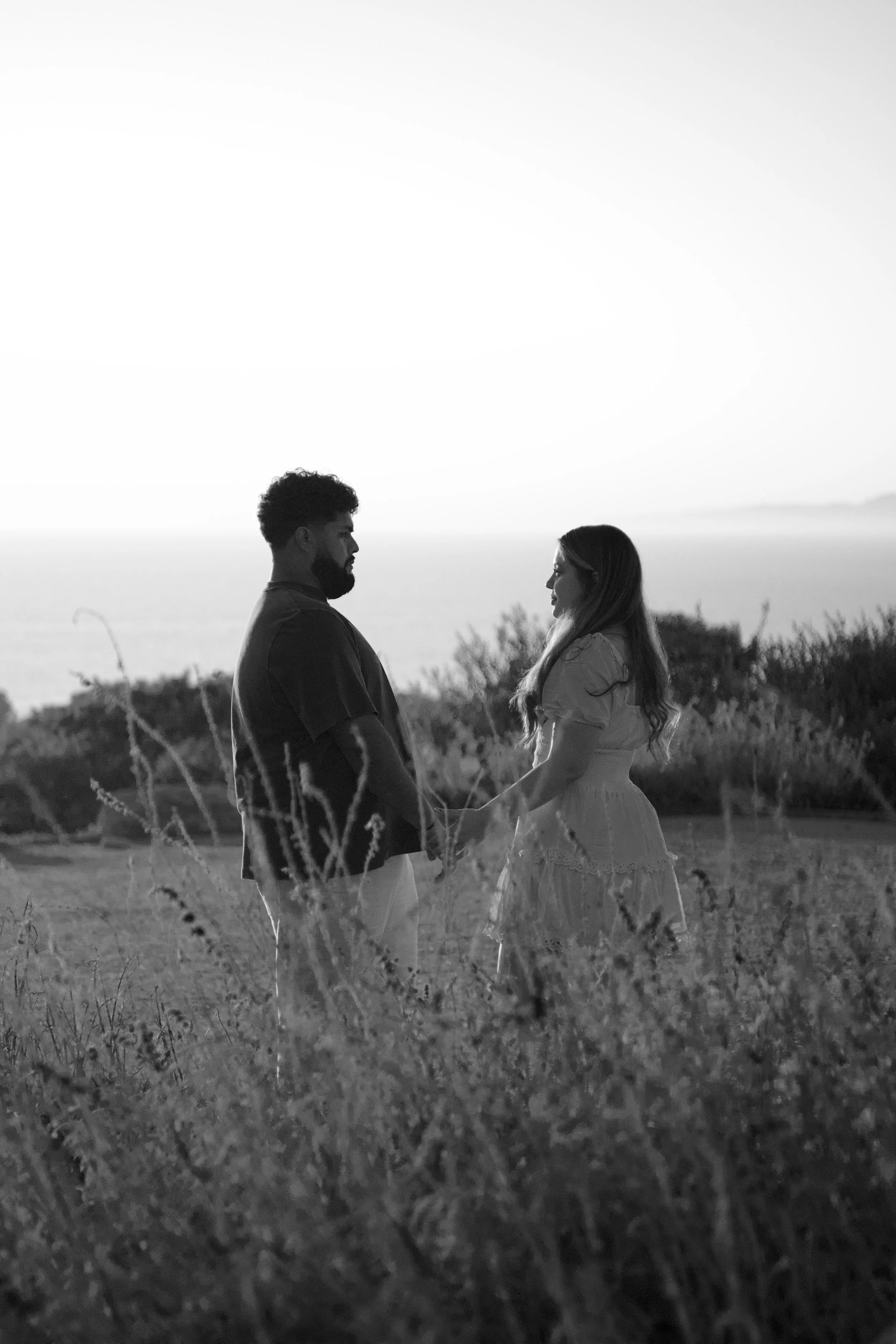 A black and white photo of a couple holding hands in a field, with the ocean and sky in the background, taken during sunset.