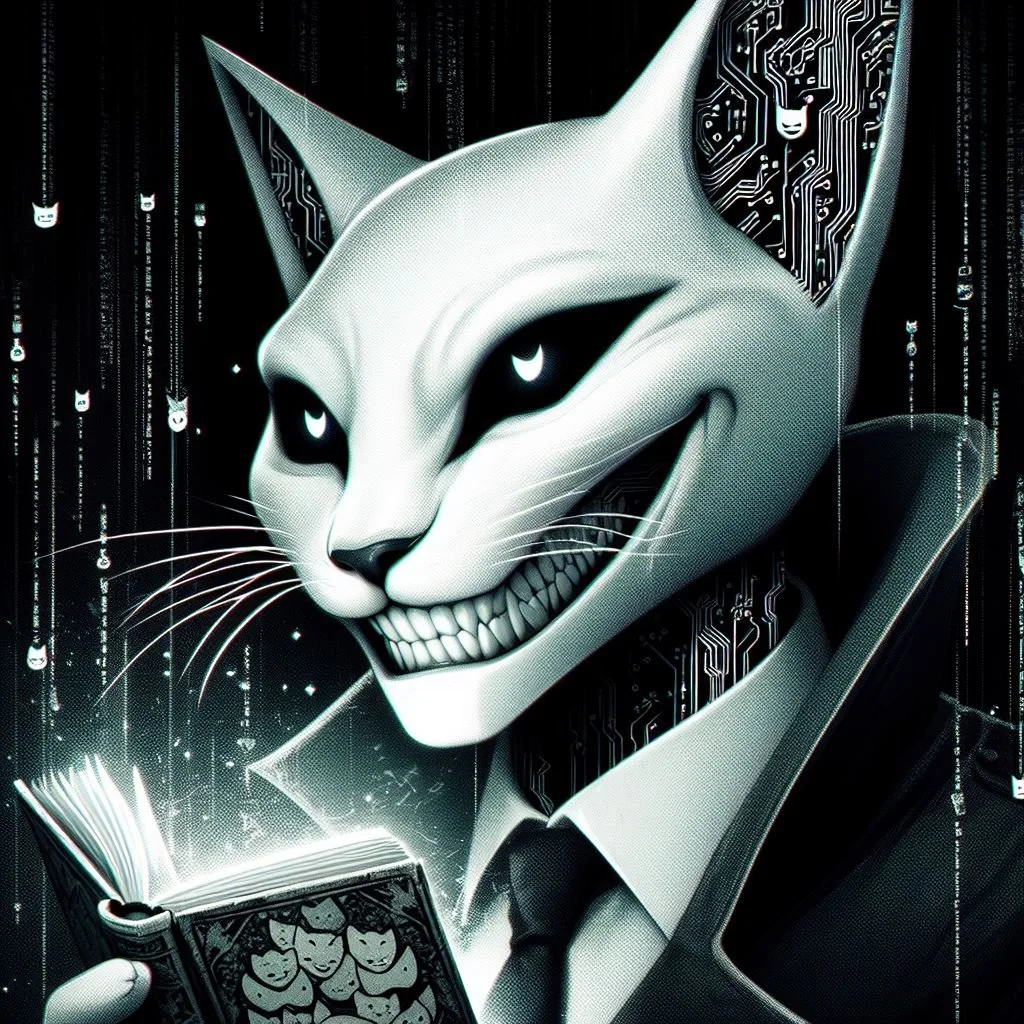 A digital illustration of a humanoid cat with a robotic and technological aesthetic, wearing a suit and tie, reading a book with cat face patterns, surrounded by digital code and circuitry.