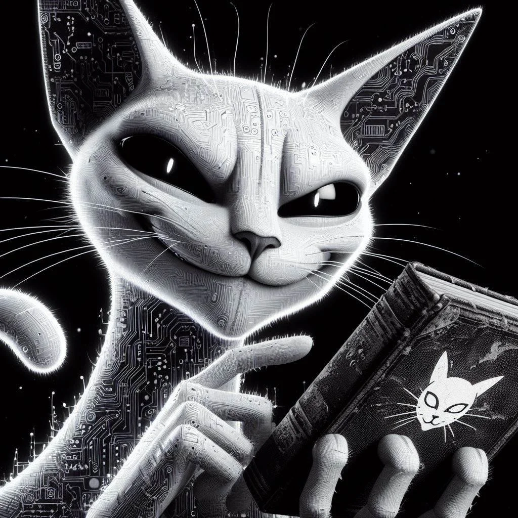 An animated, futuristic cat made of circuitry and digital elements, reading a tablet with a cat logo on its cover.