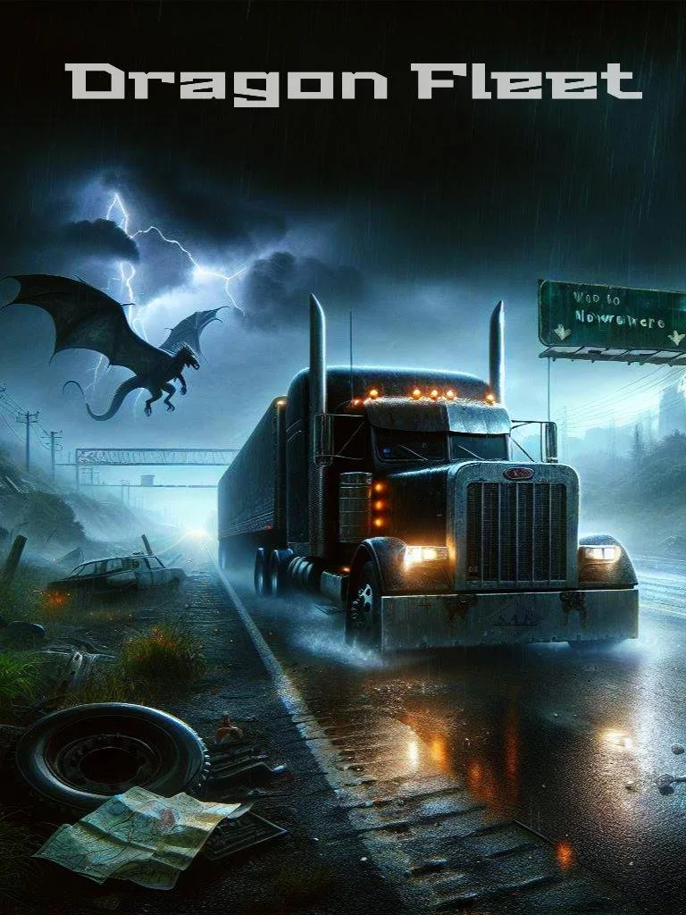 A dramatic scene with a large semi-truck on a rain-soaked highway during a thunderstorm, with lightning illuminating the dark sky, a dragon flying in the background, and wrecked vehicles scattered on the side of the road.