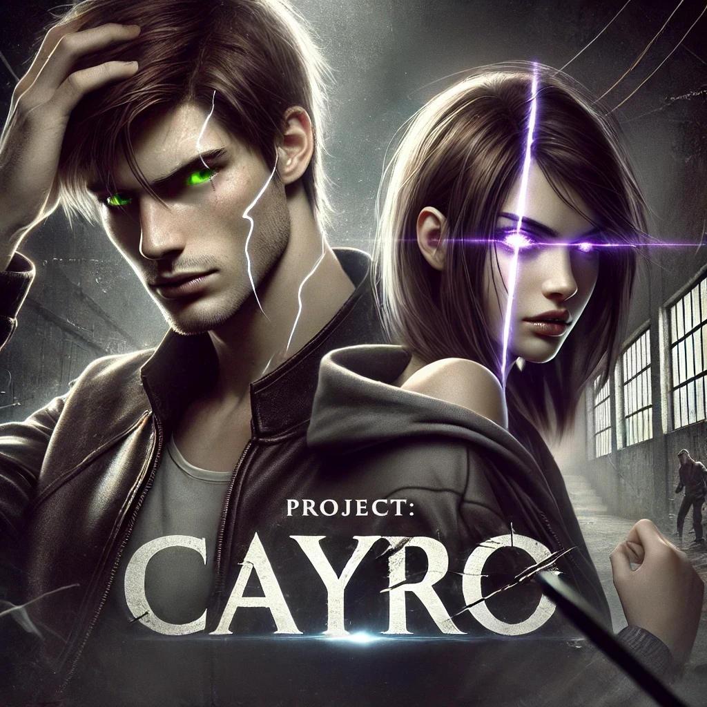 Cover art for Project Cayro featuring a young man and woman with intense expressions, one with glowing green eyes and the other with glowing purple cross-shaped lines across her face, in a dark, gritty environment with windows and prison bars in the background.