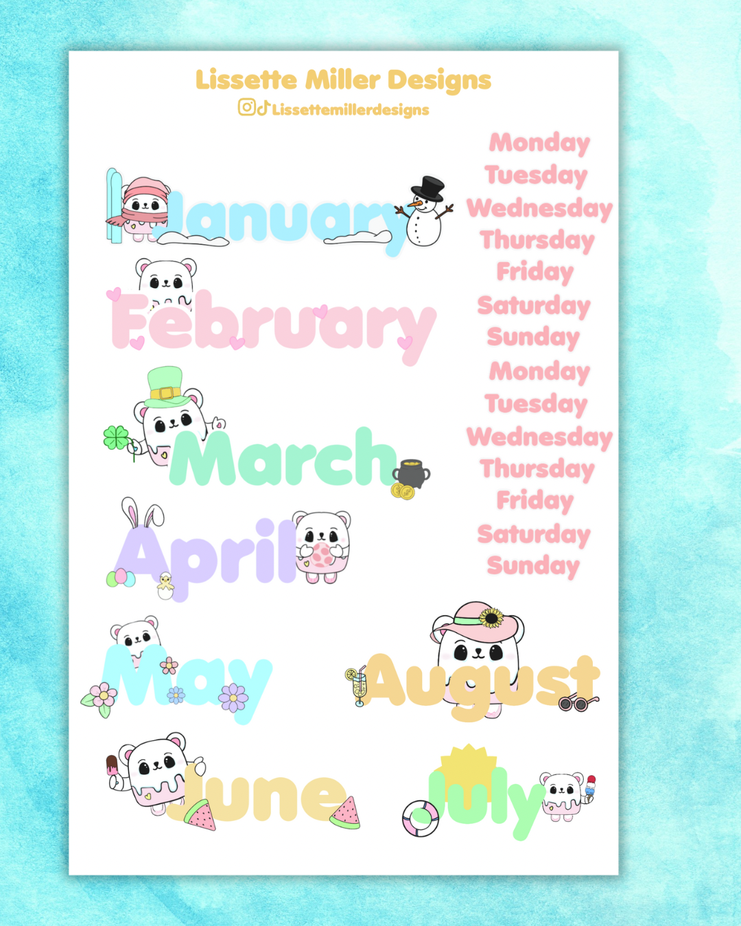Mallowboo the Marshmallow Bear Monthly & Weekly Planner Stickers – Kawaii Weather Icons | Super Cute Month, Weekdays and Weather Stickers for Planners Set