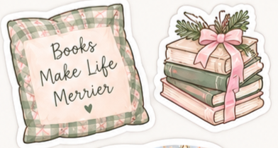 'Books Make Life Merrier' Pillow and Book Stack Sticker Set