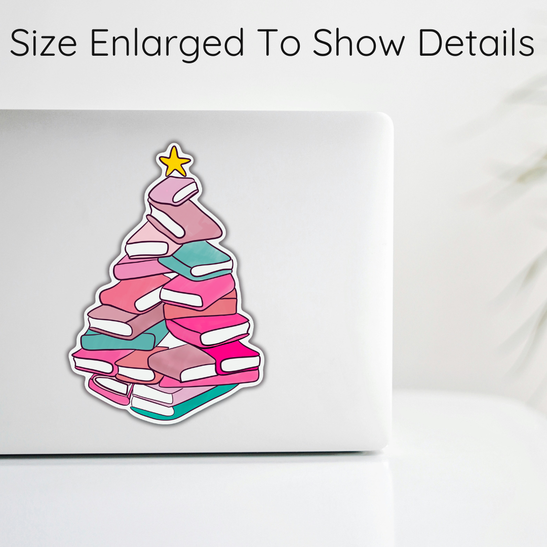 Stacked Pink Books Christmas Tree Sticker Cute Holiday Bookish Gift