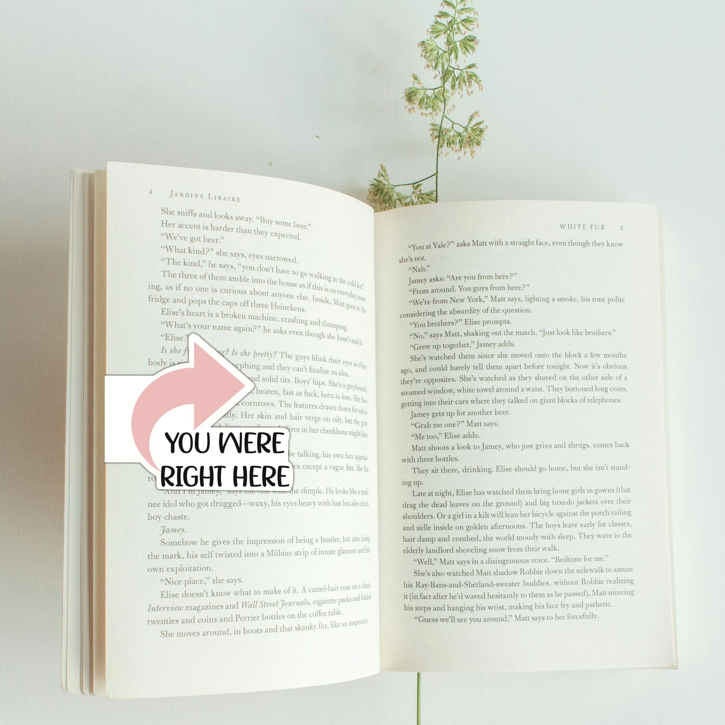 An open book on a white surface with a sprig of greenery behind it. The left page of the book has a pink arrow with the text 'YOU WERE RIGHT HERE' pointing to the current page.