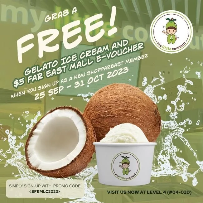 🤩 Exciting news for all you #mylittlecoconut fans!

We've got a special treat just for you: Receive a FREE 🍦 Gelato Ice cream 🍦 and an exclusive $5 Far East Mall e-voucher when you become a new shopFarEast app member. 🎉 Hurry, this delightful off