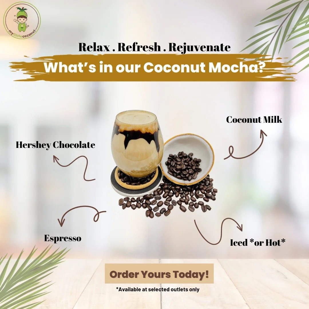 Can you imagine the perfect fusion of flavors in a cup of #MyLittleCoconut #CoconutMocha, giving you that daily caffeine boost you crave? 🥥☕

1️⃣ Rich Hershey Chocolate 🍫 
2️⃣ Bold Espresso for that extra kick ☕💥 
3️⃣ Creamy Coconut Milk 🥥 
4️⃣ Y