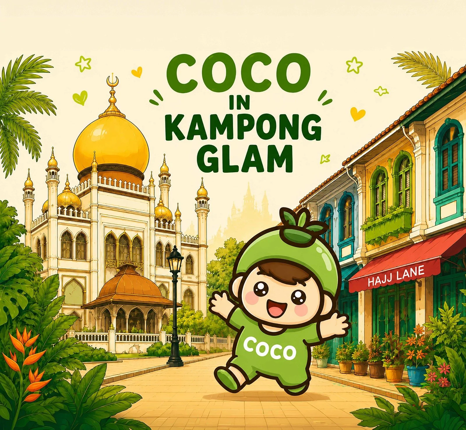 My Little Coconut mascot exploring Kampong Glam near Sultan Mosque and Haji Lane