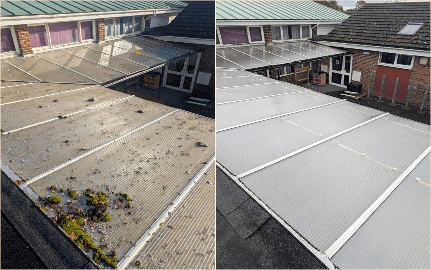 Comparison of a rooftop before and after cleaning; left side shows a dirty, weathered roof with debris and moss, while right side shows a clean, new-looking roof.