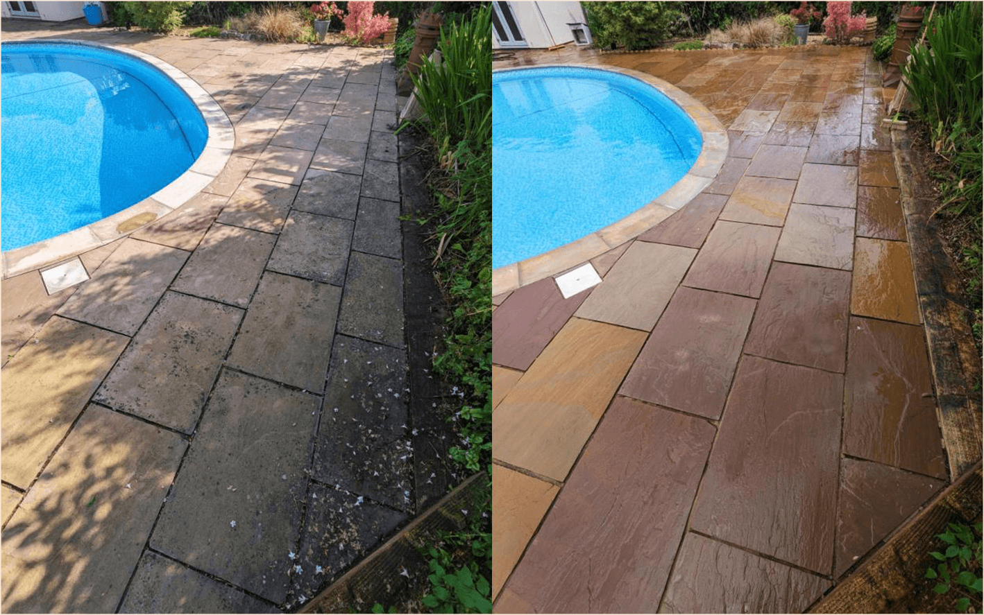 Pool side patio before and after cleaning
