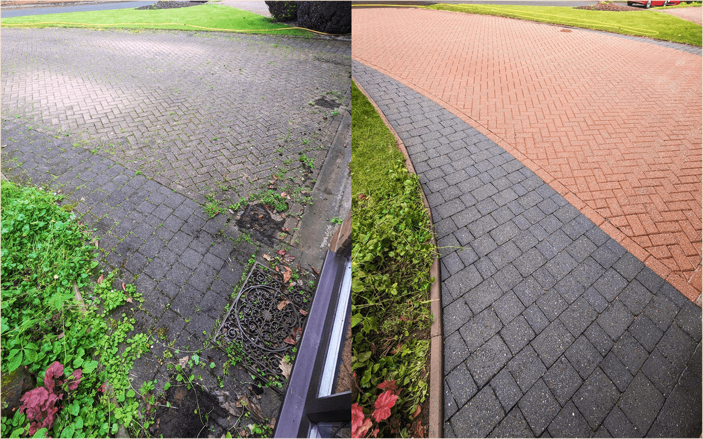 Comparison of a weathered and damaged driveway on the left with a clean, repaired driveway on the right, showing a transition from cracked and weed-infested pavement to newly paved, smooth surface.