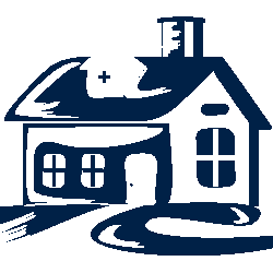 Cartoon-style house with a roof, windows, a door, and a surrounding pathway.