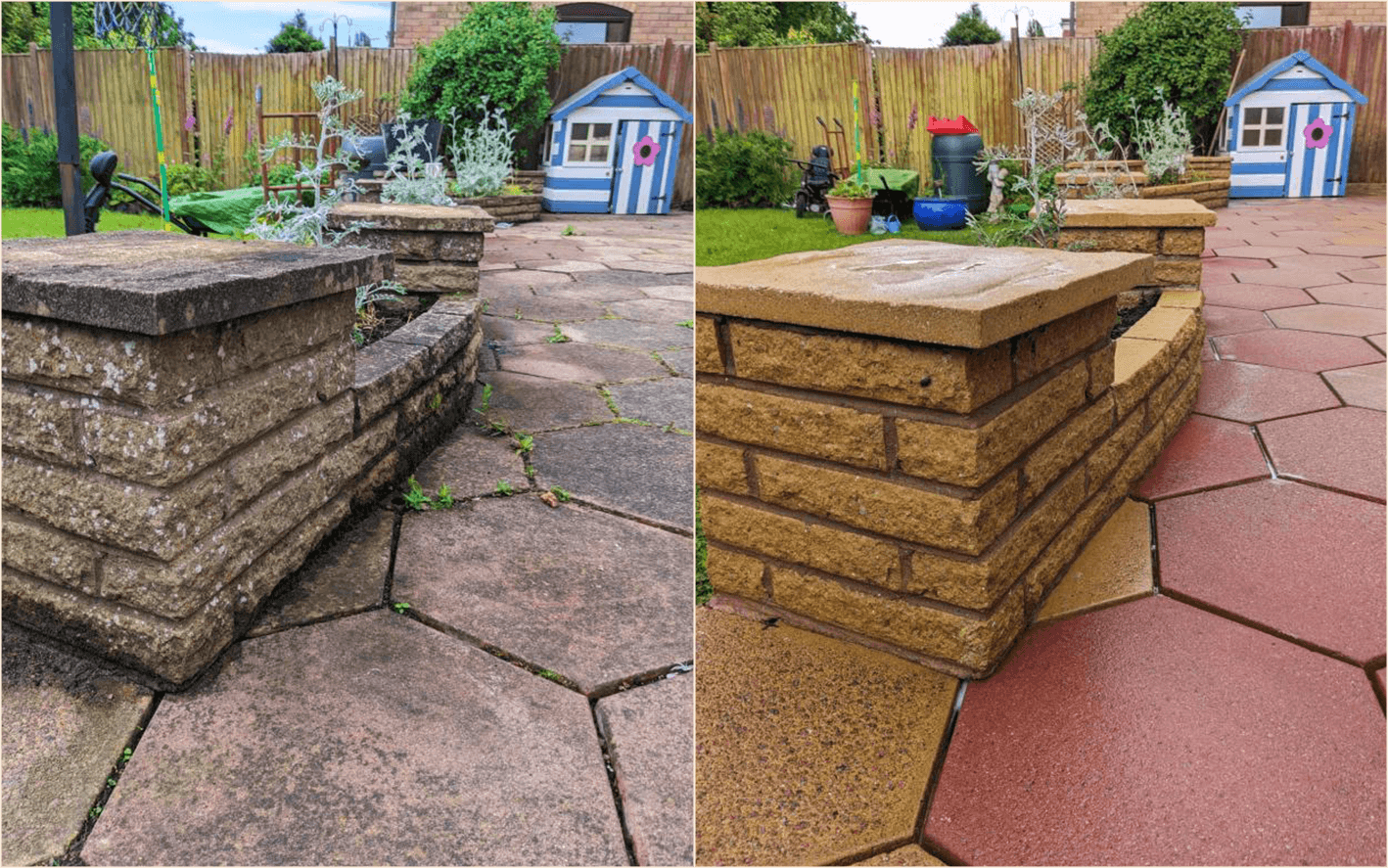 Comparison of a brick wall and paved patio before and after cleaning. The left side shows a weathered, moss-covered brick wall with cracked paving stones, while the right side shows a clean, restored brick wall and smooth, colorful paving stones.