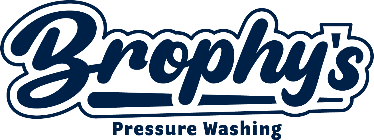 Logo for Brophy's Pressure Washing in navy blue, with stylized text and a shadow outline.