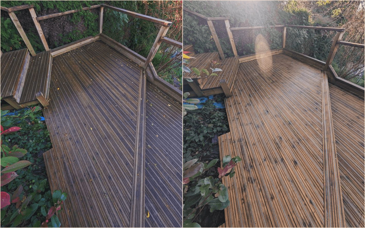 wooden deck before and after cleaning
