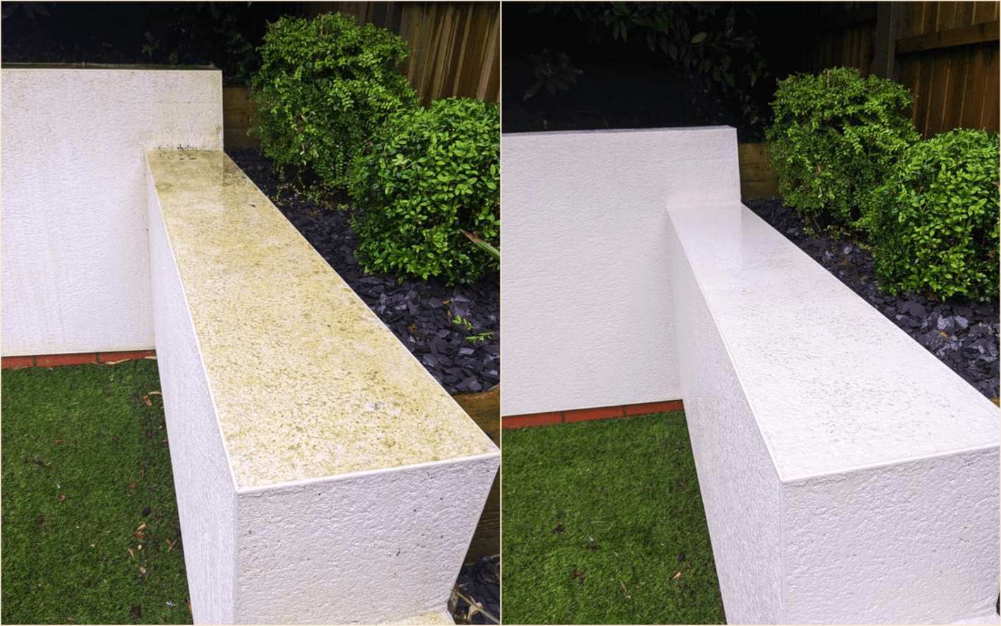 Comparison of two white concrete garden walls, one with moss and dirt and the other clean, with green bushes and a wooden fence in the background.