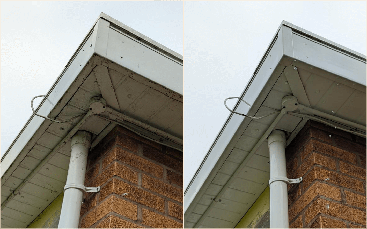 Side view of the corner of a brick building showing the gutter, downspout, and electrical wiring on the corner of the roof, before and after cleaning.