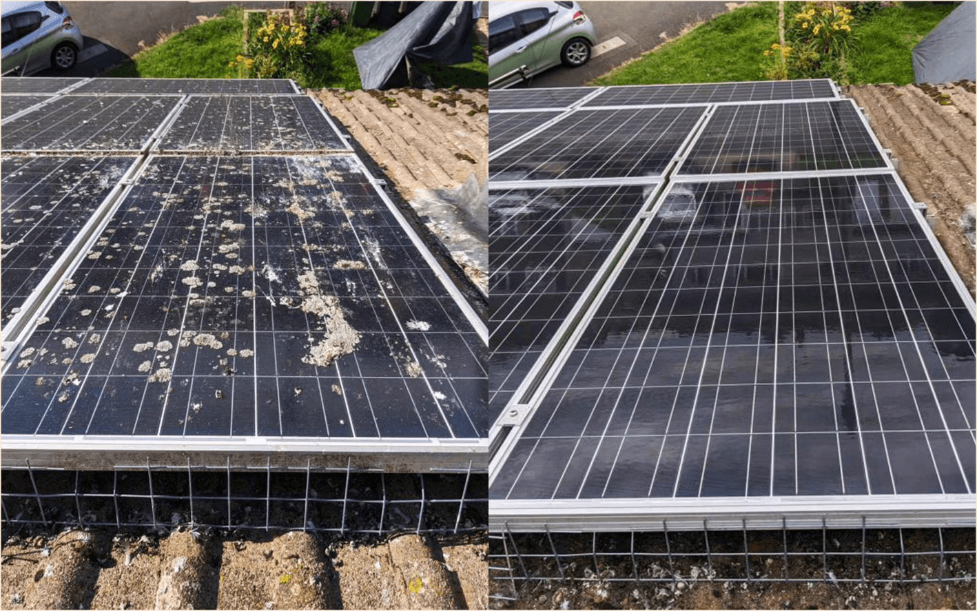 Comparison of two solar panel installations on a rooftop; the left panel is dirty and covered with debris, the right panel is clean and clear.