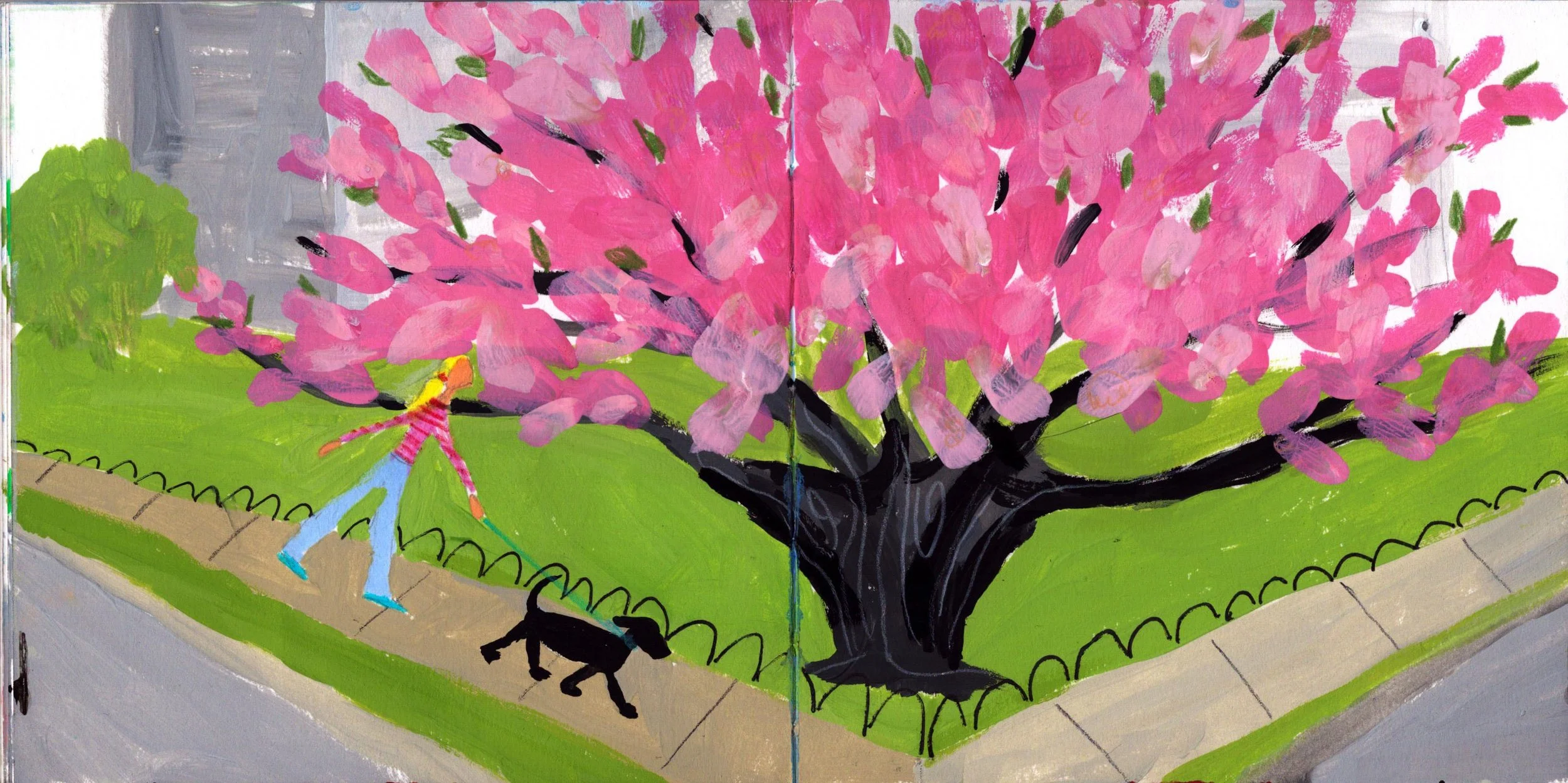 A brightly colored painting of a park scene showing a large pink flowering tree, a woman walking her dog on the sidewalk, and green grass surrounding the area.
